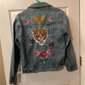 Forever 21 Blue Denim Jacket with Tiger and Floral Embroidery